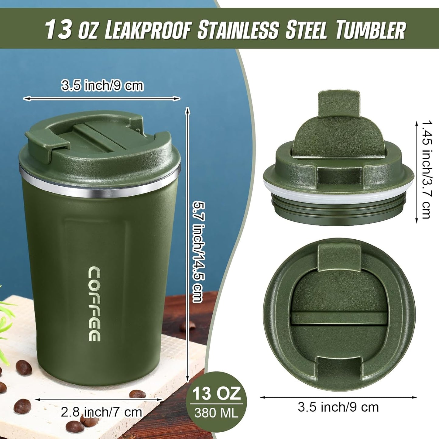 Sieral 4 Pcs 13 oz Travel Coffee Mug Insulated Reusable Coffee Cups with Leakproof Lid Stainless Steel Portable Tumbler for Keep Hot or Ice Milk Tea(Green)