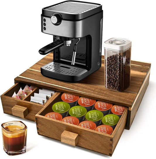 Acacia Wood K Cup Holder，Coffee Pods and Tea Bag Storage Organizer，with Two Drawers Kcup Holders for Counter，Multi-Functional Coffee Maker Stand