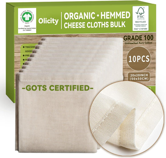 Organic Cheesecloth Bulk, GOTS Certified,10PCS,Grade 100,20x20Inch Hemmed Cheese Cloths Fabric Reusable Fine Mesh Cloth,100% Cotton Unbleached Muslin Bulk Cheesecloth Roll for Straining,Cooking,Yogurt