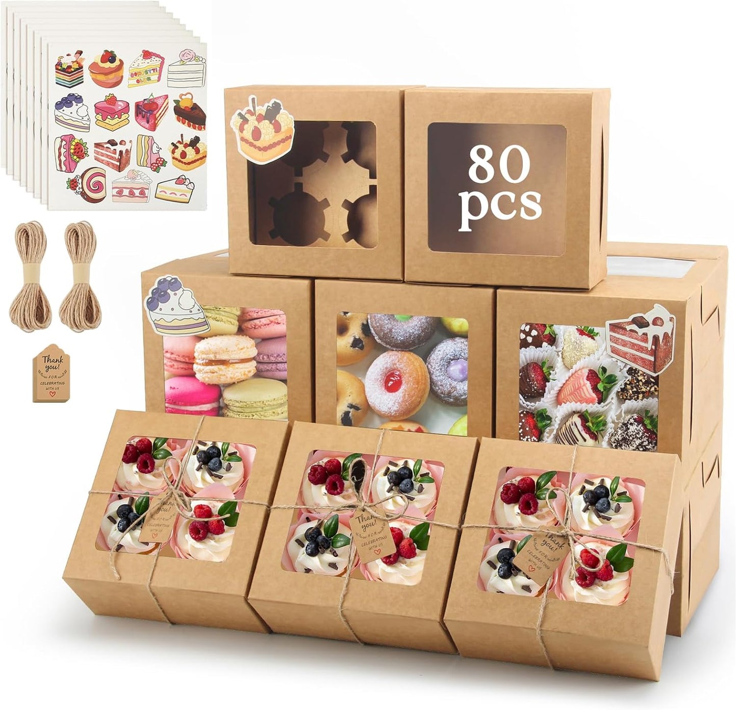 OAMCEG 80 Pack Cookie Boxes with Window, 6x6x3 Inches Brown Bakery Treat Boxes with Stickers & Twine for Pastry, Desserts, Strawberries, Cupcakes, Gift Giving
