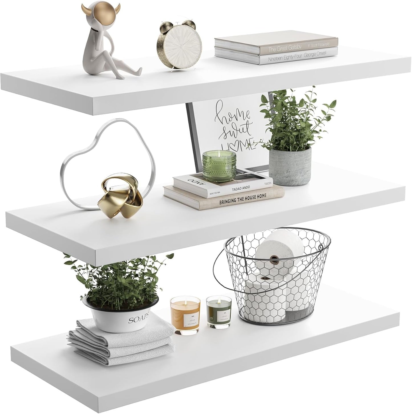 Wall Shelf Set of 1, White Floating Shelves 36 in W x 10 in D x 1 in H, Wooden Floating Wall Shelf with Invisible Brackets for Living Room/Bedroom/Bathroom/Kitchen Storage and Decor