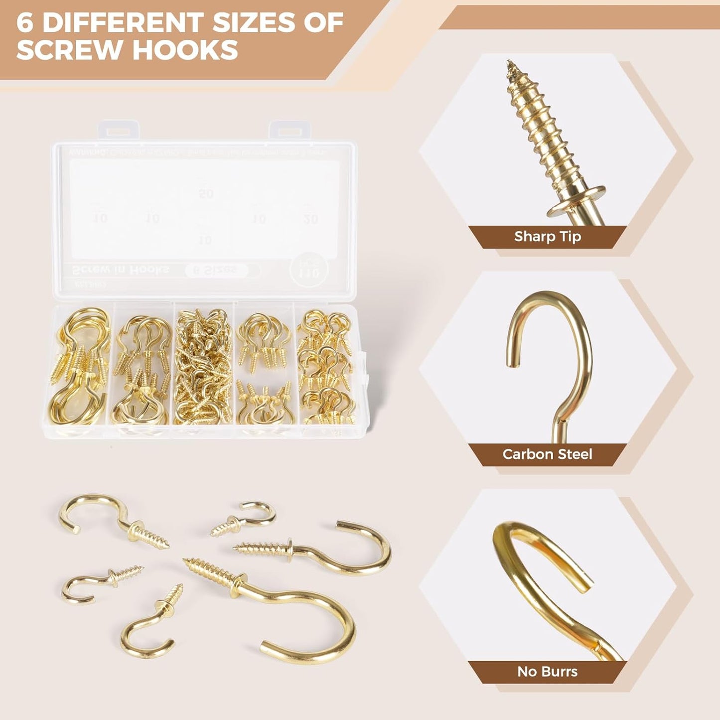 RELBRO Screw Hooks, 6 Sizes Metal Screw in Cup Hooks, 1/2 Inch, 5/8 Inch, 3/4 Inch, 7/8 Inch, 1 Inch, 1-1/4 Inch, Gold, 110 Pcs
