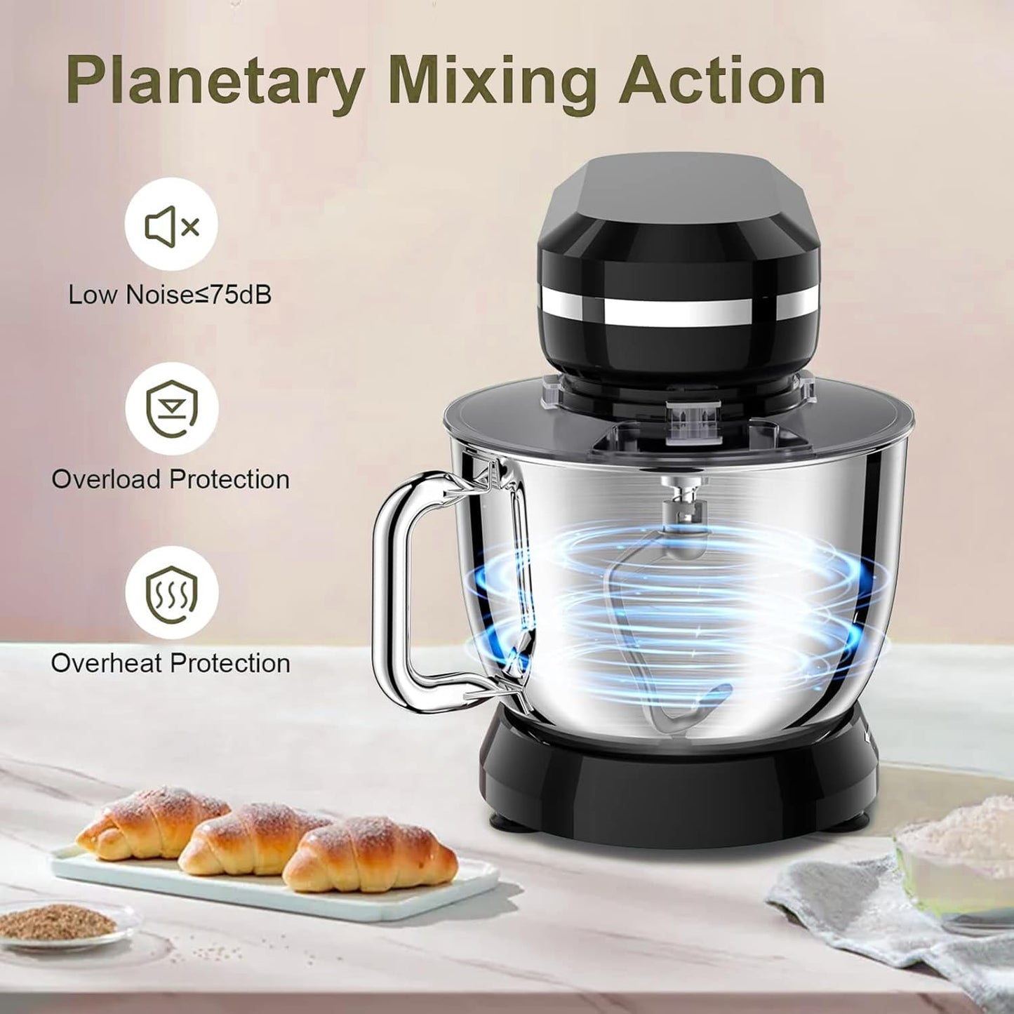 Household Stand Mixer with 6.5 Quart Bowl, Electric Food Mixer 10+p Speeds 660W, Kitchen Tilt-Head Bread Dough and Cake Mixers with Dough Hook, Whisk, Beater, Splash Guard and Egg Separator (Black)