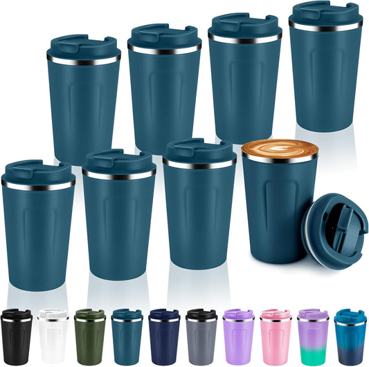 Volhoply 12 oz Double Wall Insulated Vacuum Travel Coffee Mug with Flip Lid Bulk 8 Pack,Reusable Stainless Steel Leak Proof Coffee Cup,Portable Cafe Thermal Tumblers for Hot & Cold Drinks(Bule,8 Set)