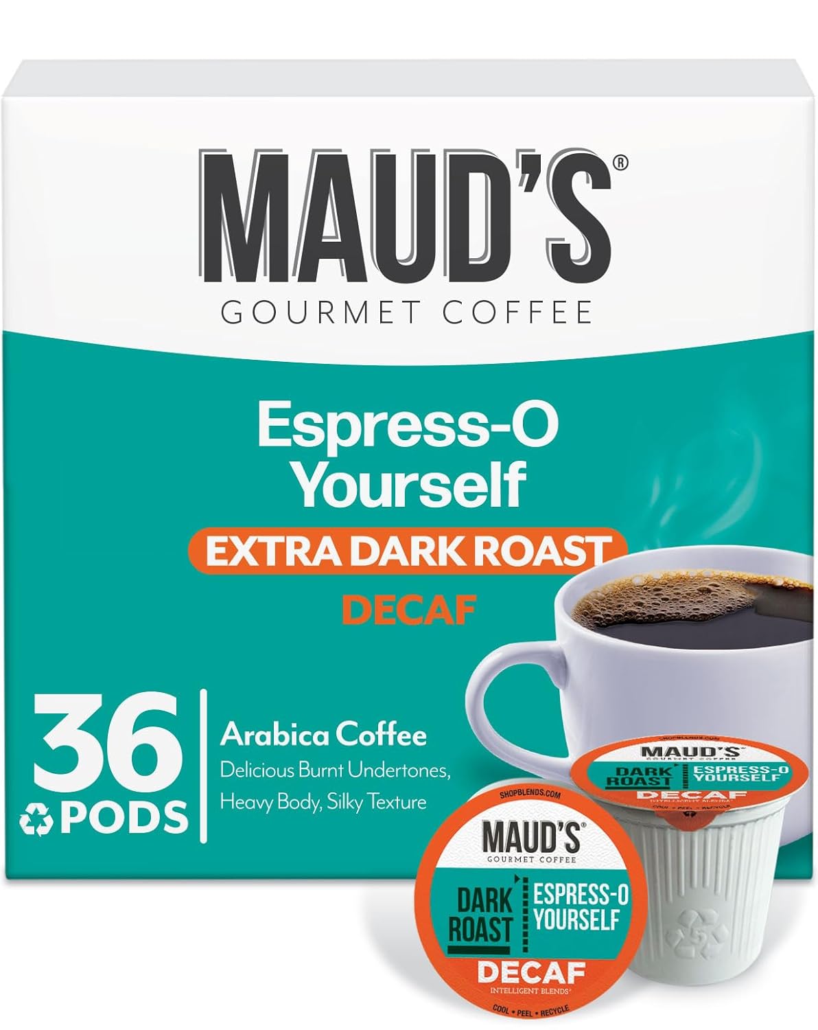 Maud's Decaf Espresso Roast Coffee Pods, 36 ct, Decaffeinated Dark Roast Recyclable Single Serve Pods – 100% Arabica Coffee, Compatible with Keurig K Cups Maker