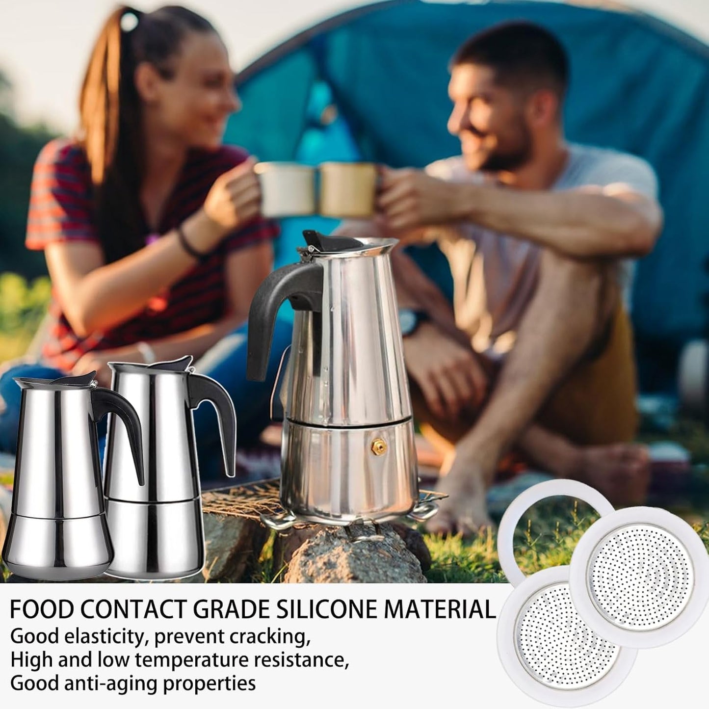 2Pcs Filter with 3Pcs Silicone Gasket Seals for 2 Cup Stovetop Espresso Coffee Maker Replacement Parts for Big Tummy and Straight Stainless Steel Moka Pot