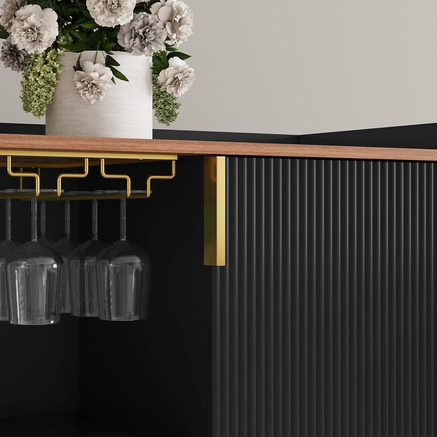 ARTPOWER 48" Wine Bar Cabinet with Fluted Texture, Modern Buffet Sideboard with Wine Rack and Glass Holder, Liquor Coffee Station with Storage for Kitchen, Living Room, Home Bar, Black