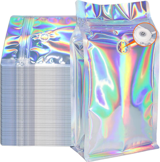 Coffee Bags with Valve (50 PCS,8oz/0.5lb) Holographic High Barrier Aluminum Foil Flat Bottom Standing Coffee Beans Storage Packaging Bags, Reusable Heat Seal Side Zipper Pouches for Small Business