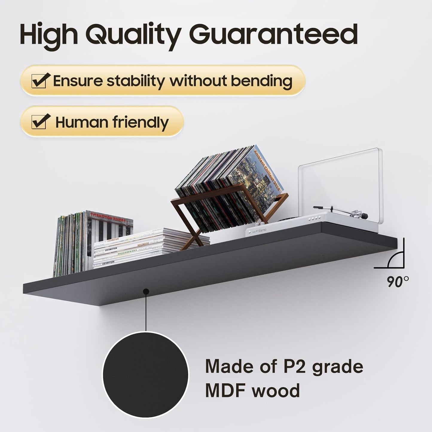 Floating Shelf, Set of 1 Wall Shelf, 24 in W x 12.75 in D x 2 in H Wooden Floating Wall Shelf with Invisible Brackets for Living Room/Bedroom/Bathroom/Kitchen Storage and Decor, Black