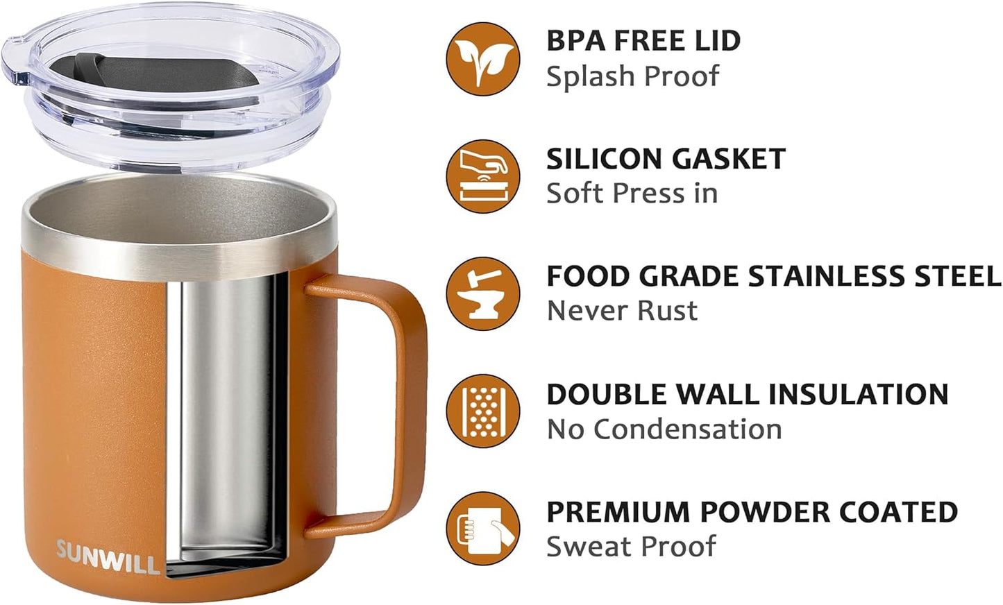 SUNWILL Insulated Coffee Mug with Lid, Travel Tumbler with Handle, 14 oz Stainless Steel Cup for Camping, Office, Home, Powder Coated Caramel