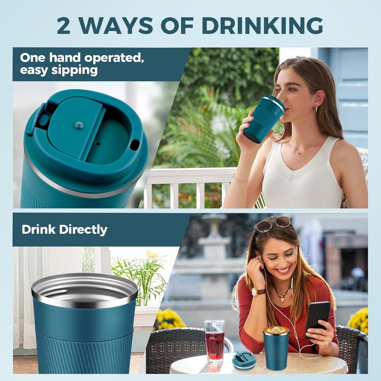 Volhoply 13 oz Stainless Steel Insulated Travel Coffee Mug with Fip Lid Bulk 2 Pack,Reusable Double Wall Vacuum Metal Coffee Cup,Portable Leak Proof Thermal Tumbler for Hot & Cold Drinks(Bule,2)