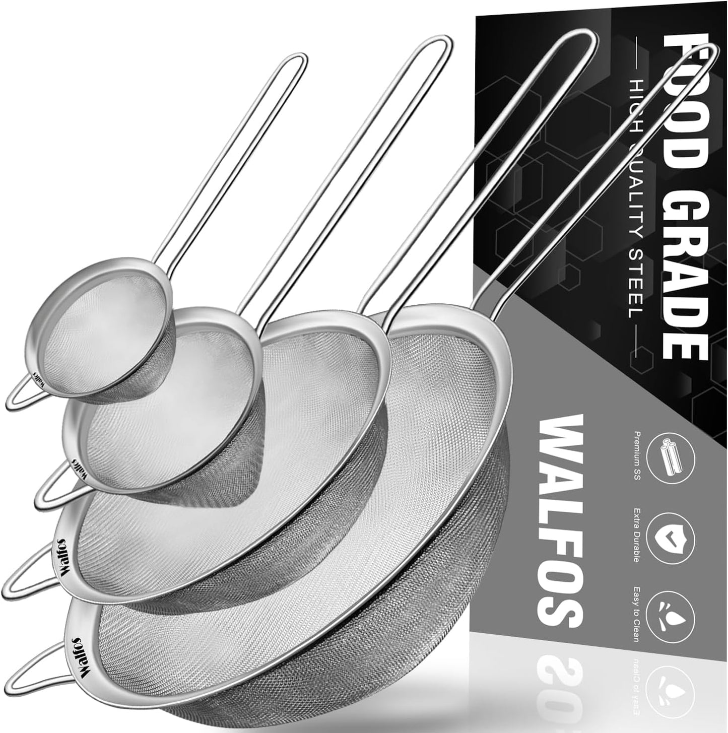 Walfos Fine Mesh Strainer 4PCS, Versatile Kitchen Strainer with Handle - 7", 5", 3.3", 2.8" Sieve Fine Mesh Stainless Steel, Metal Strainers and Sifters for Rice, Quinoa, Tea, Cocktail, Pasta, Juice