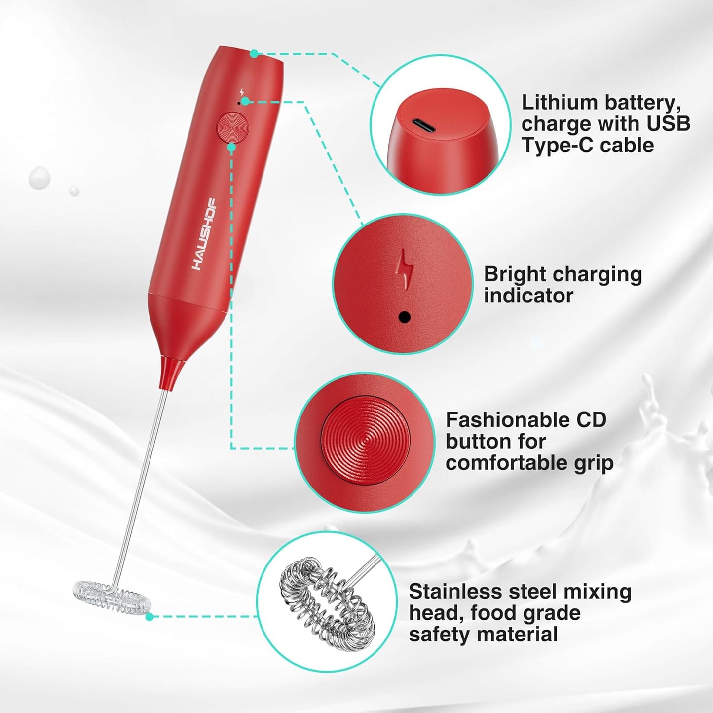 HAUSHOF Powerful Rechargeable Milk Frother Wand with Stand, Handheld Electric Foam Maker, Drink Mixer with Detachable Stainless Steel Whisk for Coffee Latte, Cappuccino, Matcha, Red