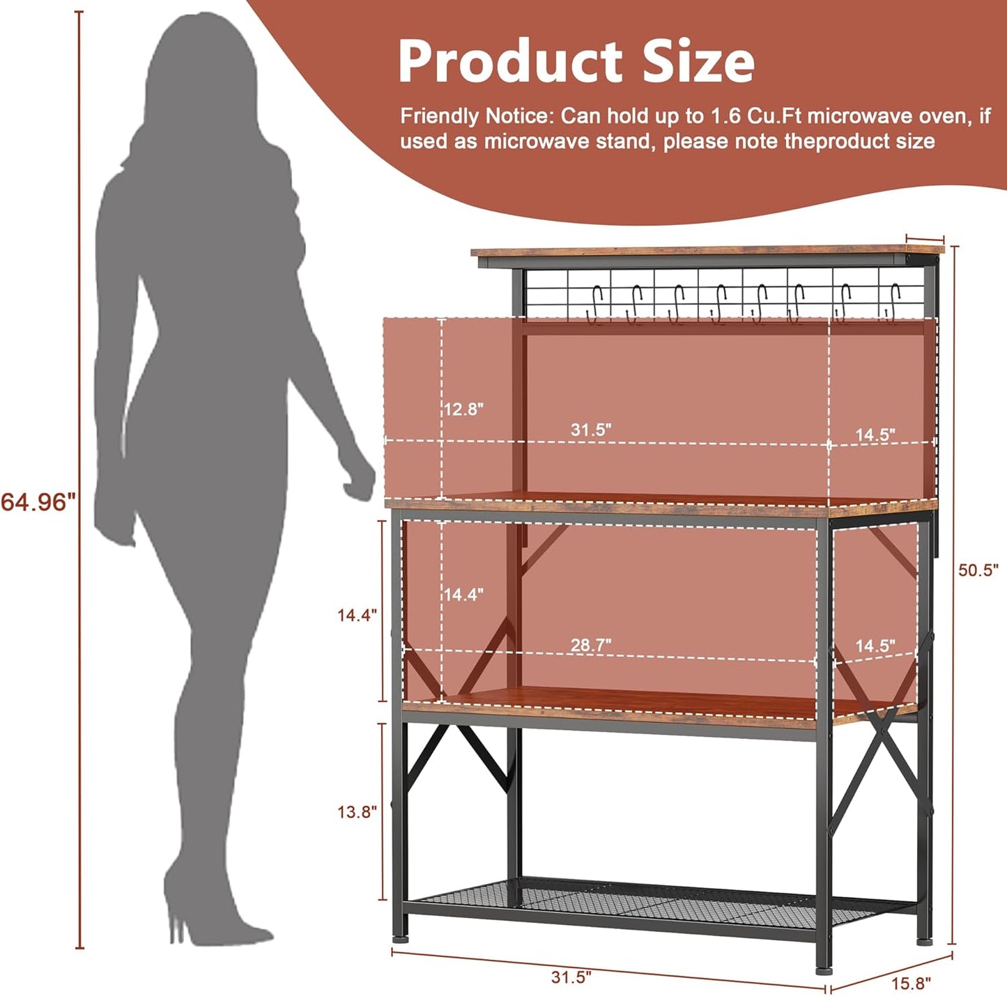 Furologee Kitchen Bakers Rack with Hutch,Coffee Stand with Storage 4 Tiers,Coffee Bar Station with a 31.5 Inch Larger Desktop and 8 S Hooks,Kitchen Microwave Rack for Spices,Pots,Rustic Brown