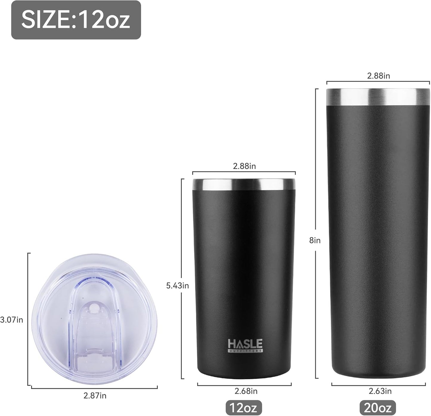 HASLE OUTFITTERS 12oz Skinny Tumbler Bulk, Slim Tumblers Set with Lid, Double Wall Stainless Steel Insulated Travel Coffee Mug, Durable Powder Coated Travel Water Cup(Black, 12)