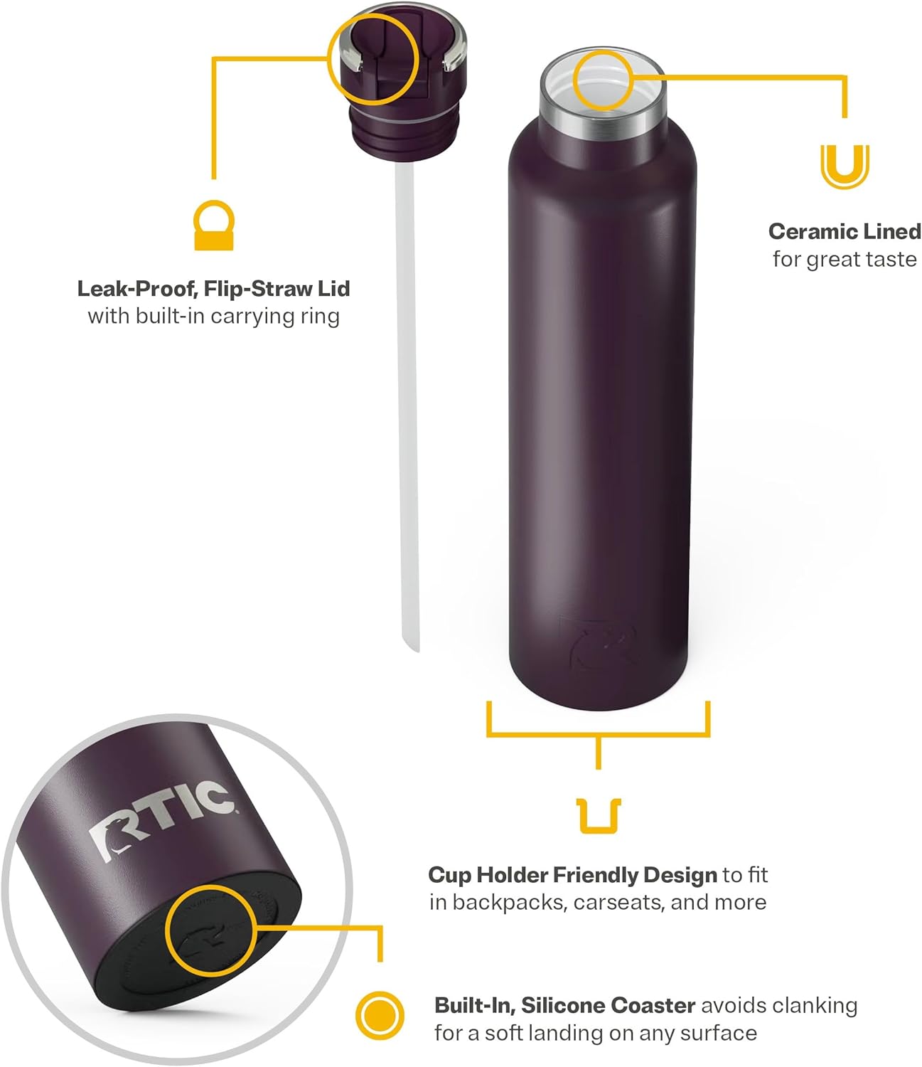 RTIC 26oz Journey Bottle Metal Stainless Steel Vacuum Insulated, BPA Free, Reusable, for Water, Hot and Cold Drinks, Travel, Sports, Camping, Plum
