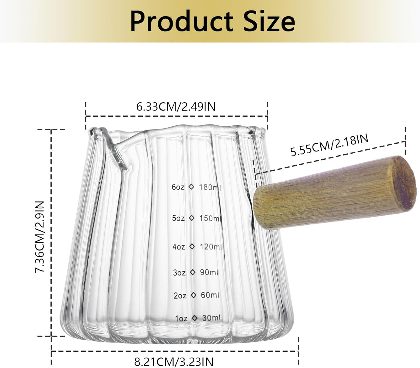 Espresso Measuring Cup 6 Oz, Espresso Glass Cups with Wood Handle, Milk Frothing Cup, Espresso Cup for Coffee, Milk, Tea or Maple Syrup Serving