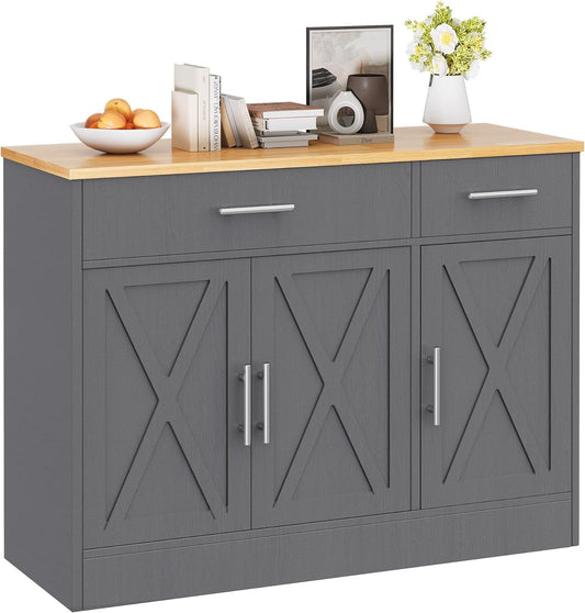 Vongrasig 43” Sideboard Buffet Cabinet with Storage, Farmhouse Coffee Bar with Drawers and Shelves, Wood Buffet Table for Kitchen Dining Room, Living Room, Grey