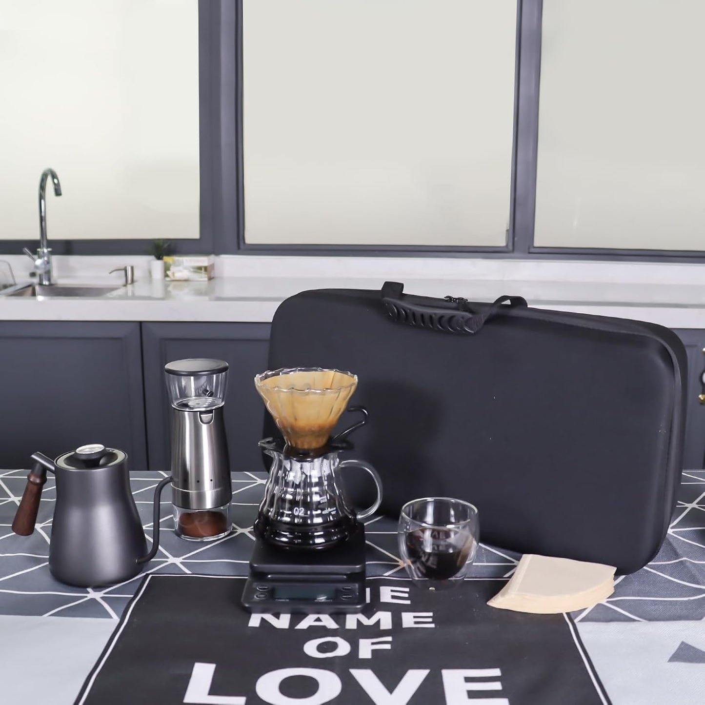 SOTECH Electric Coffee Maker Set with Electric Grinder Glass Dripper Server Steel Kettle Filter Paper Travel Bag for Outdoor Travel BBQ Picnic