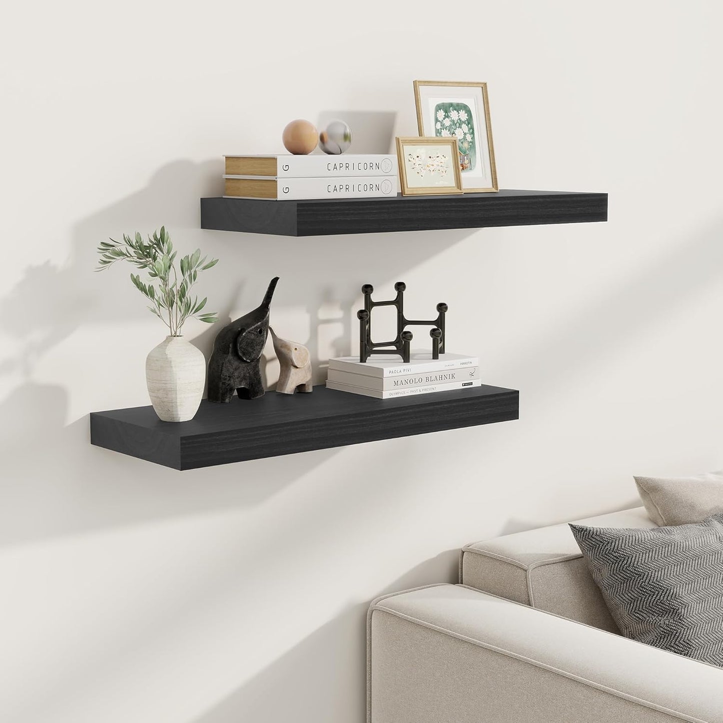 Black Floating Shelves 24 Inch Long, 9.3 Inch Deep Floating Shelves for Wall, Rustic Solid Wood Shelves, Deep Wall Shelves for Living Room, Bedroom, Kitchen, 24"W x 9.3"D x 1.6"H, Set of 2
