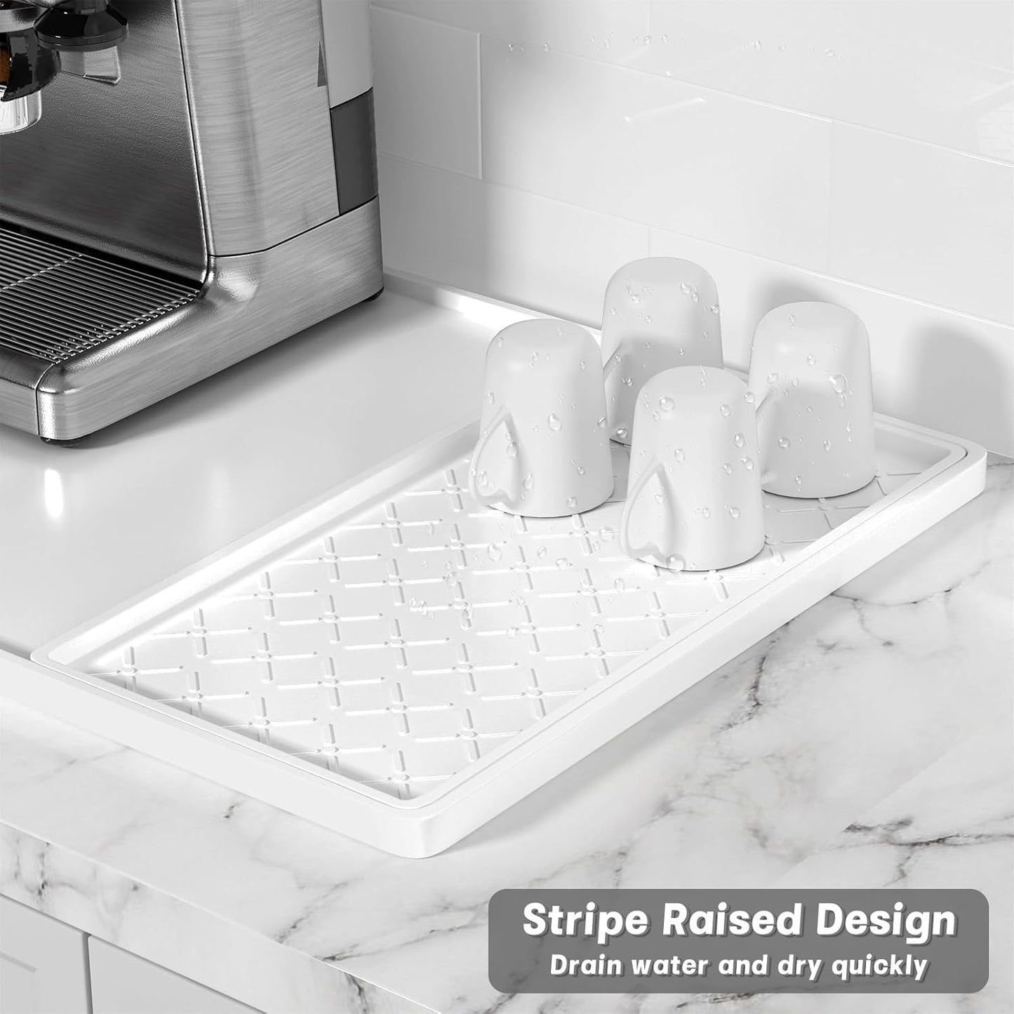 Rnivvi Silicone Coffee Mat, 16" x 24" Waterproof Raised Edge Coffee Bar Mats for Espresso Machine Station Accessories, Heat Resistant Detachable Dish Drying Pad for Kitchen Counter, Dish Rack, White