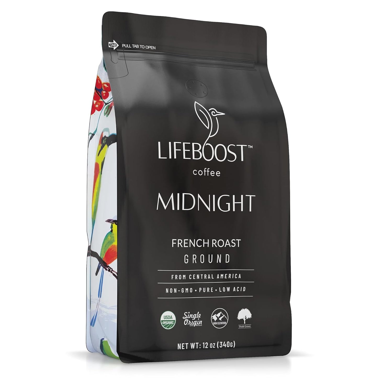 Lifeboost Midnight French Roast Coffee Ground - Non-GMO Single Origin USDA Organic Low Acid Coffee French Roast - Third Party Tested For Mycotoxins & Pesticides - 12 Ounces