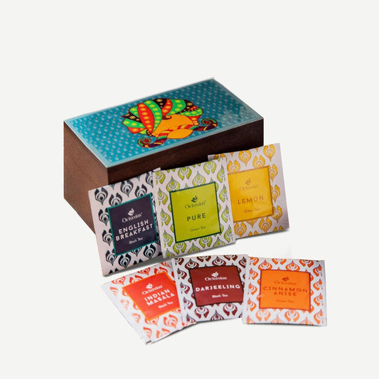 Octavius Urban Print Wooden Tea Sampler Box | Variety Pack Sampler | Perfect For Gifting & Thanksgiving - 6 Flavours & 30 Bags