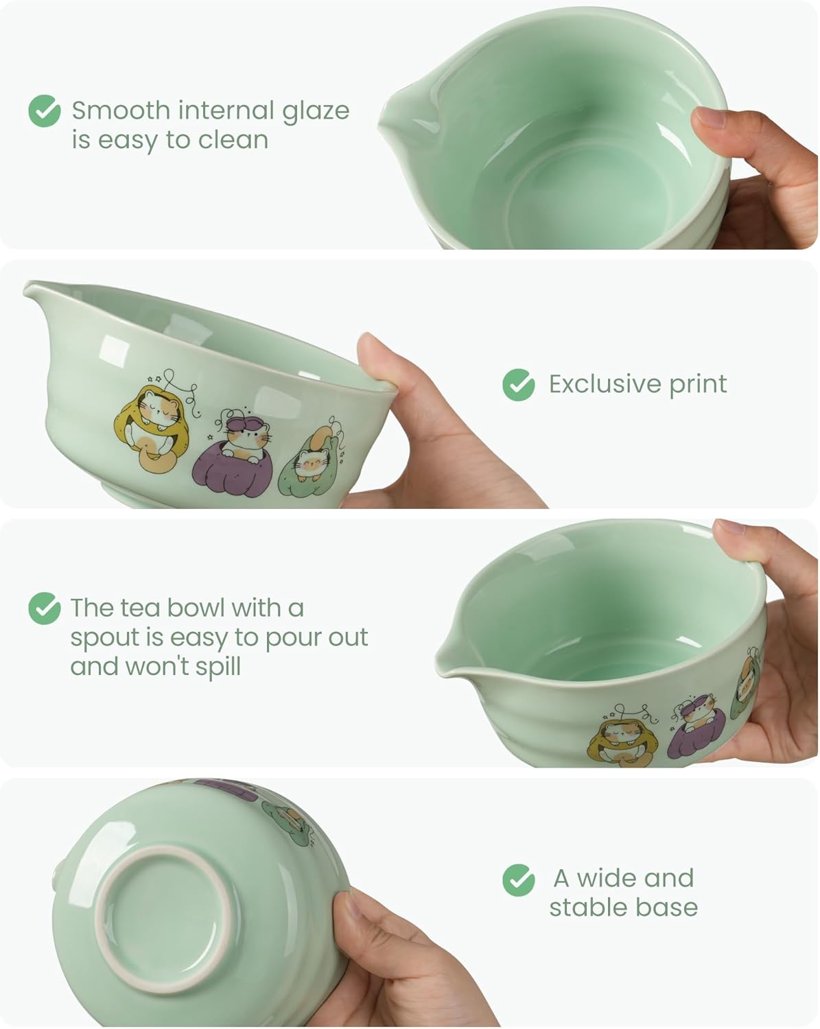 Matcha Whisk Set, 7 Pcs Japanese Matcha Kit with Ceramic Cat Print Bowl-430ml/15oz, Bamboo Whisk & Holder, Scoop, Scoop Rest, Sifter & Tea Towel, Complete Matcha Tea Set for Beginners-Green