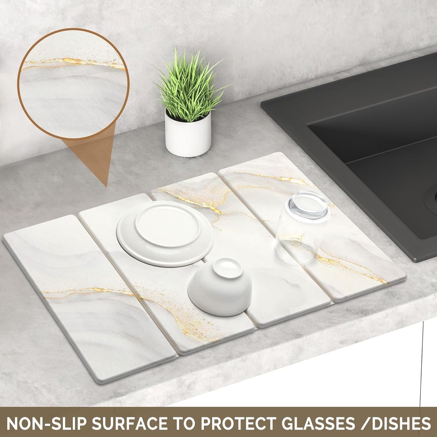 Large Stone Dish Drying Mat for Kitchen Counter Quick Dry Stone Dishes Mats Marbled Water Absorbing Diatomaceous Earth Drying Pad for Countertop Bottles Utensils Cups (Yellow White 24"x16"&8"x4")