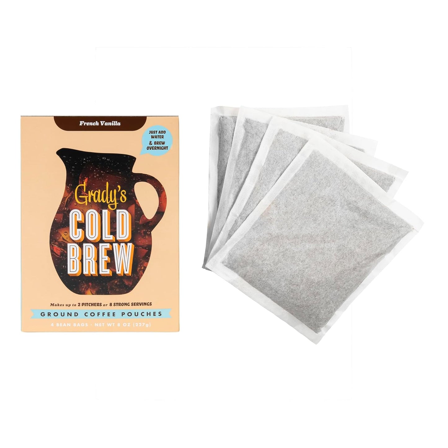GRADY’S COLD BREW, French Vanilla, 100% Arabica Ground Coffee & Chicory Pouches, ONE Box with 4 Easy-to-Brew Bean Bags, Makes 12 drinks