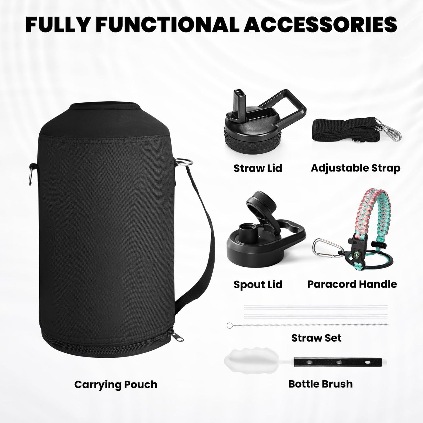 One Gallon Water Bottle Insulated, Triple Walled Vacuum Stainless Steel (Cold for 48 Hrs), Leak Proof & Non-BPA, Large Water Flask Jug with Paracord Handle & Straw Spout Lids