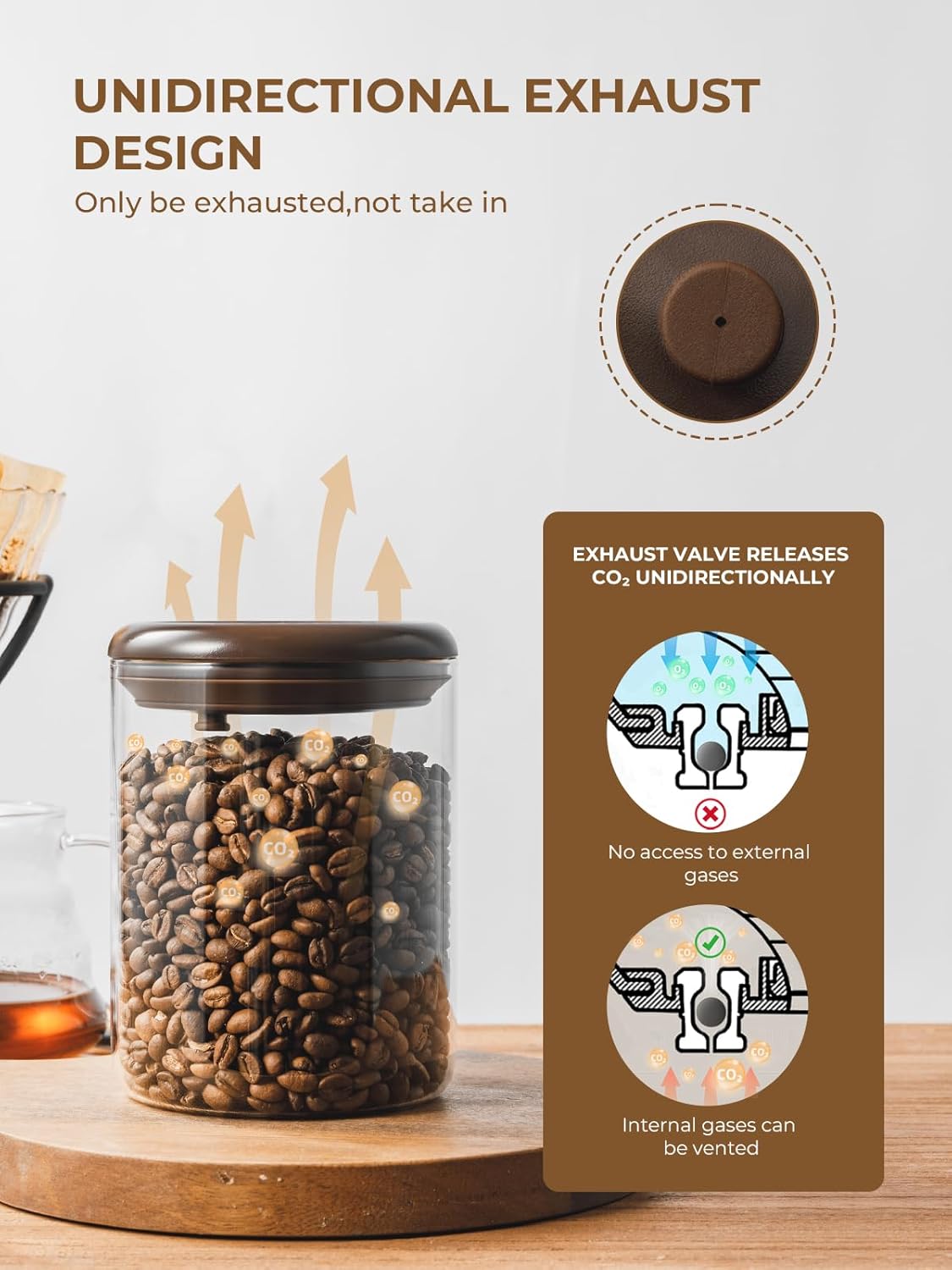 Glass Coffee Container - 900ml x 2 Pop Top Coffee Storage Airtight Canister, Large Ground Coffee Containers Coffee Jars with Lids 300g Brown