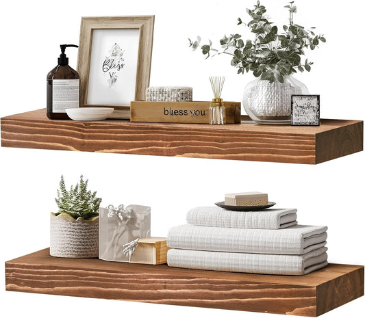 24x8x1.6 inch Floating Shelves Set of 2 – Solid Wood Rustic Brown Wall Mounted Shelf for Kitchen, Bathroom, Living Room