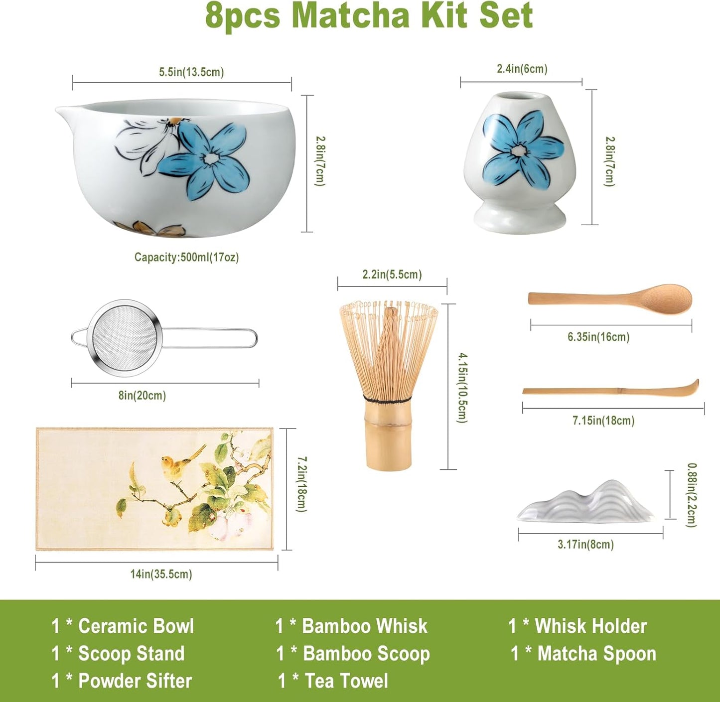 Matcha Whisk Set Cute,8pcs Matcha Set Whisk And Bowl,Matcha Kit Set With Bamboo Whisk,Ceramic Matcha Bowl,Sifter,Scoop,Holder,Towel,Stand,Spoon,Unique Gift for Japanese Matcha Tea Lover