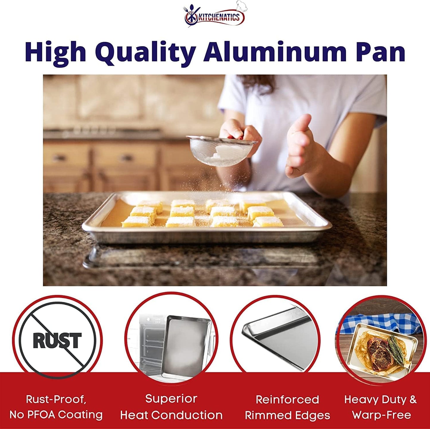 KITCHENATICS Quarter Sheet Baking Pans, Premium Quality Aluminum Cookie Sheet Set - Oven Safe, Nonstick, Rimmed Cooking Trays, 1/4 Baking Sheets for Oven, Roasting, Baking - 9.6" x 13" IN, Set of 2