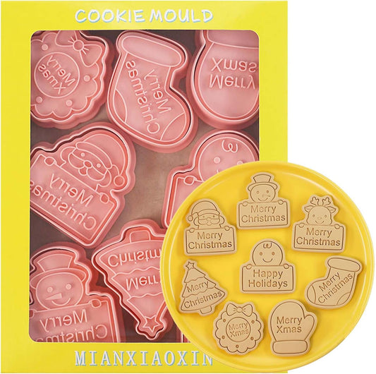 8 Piece Christmas Cookie Cutters, 3d Raised Design Gingerbread Cookie Stamps, Cookie Cutter Set suitable for Frosting Decoration, Mini Pie Molds, Apple Pie Pastry Biscuit Cutter (Christmas-F)