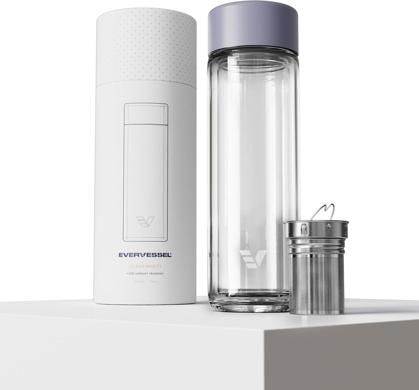 Glass Multi Tea Infuser Bottle 14oz - Double Wall Borosilicate Glass Flask | No Plastic Touches Contents | Perfect for Office or Home - Purple