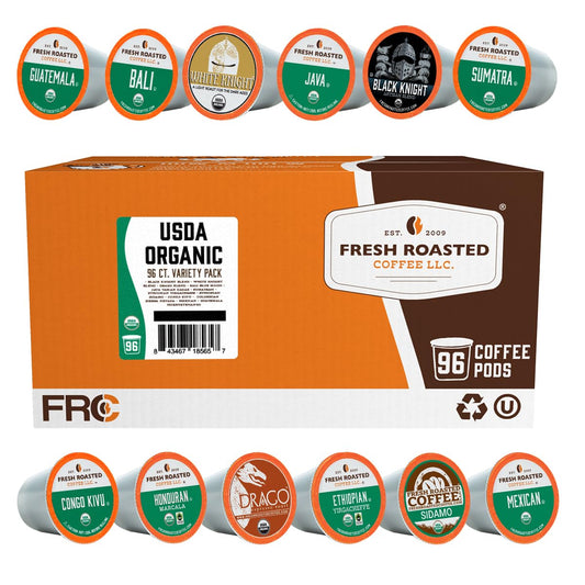 Fresh Roasted Coffee, USDA Organic Variety Pack | 96 Pods for K Cup Brewers