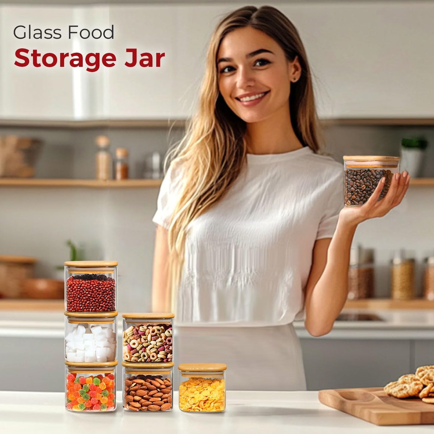 Glass Storage Jars with Bamboo Lid,Airtight Kitchen Canisters for Baking, Food Jar Container for Spices Cookie Tea Coffee Beans Snacks (4 pack 0.6qt)