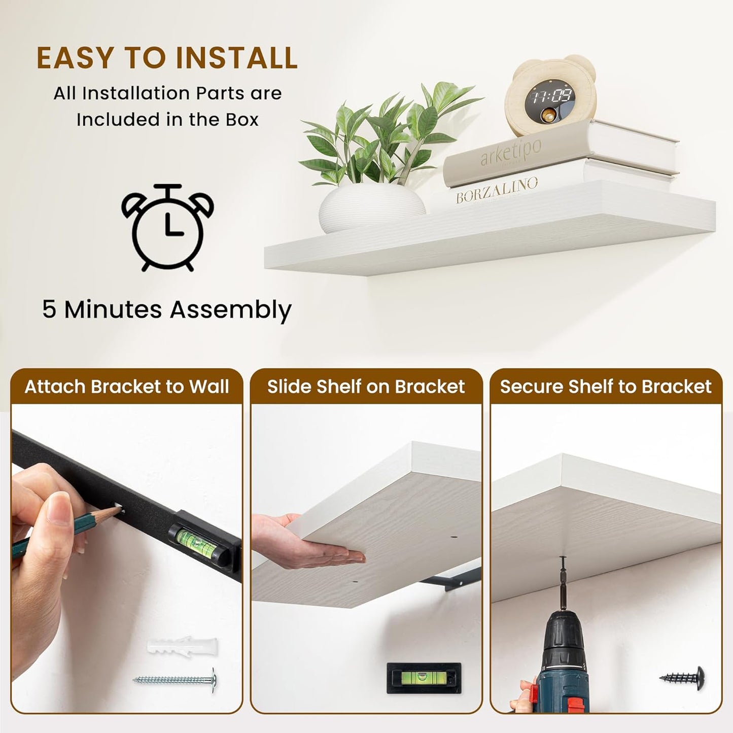 Fun Memories 32 Inch Floating Shelves for Wall, 9 Inch Deep White Rustic Wood Wall Mounted Shelves for Bathroom, Bedroom, Living Room, Set of 2