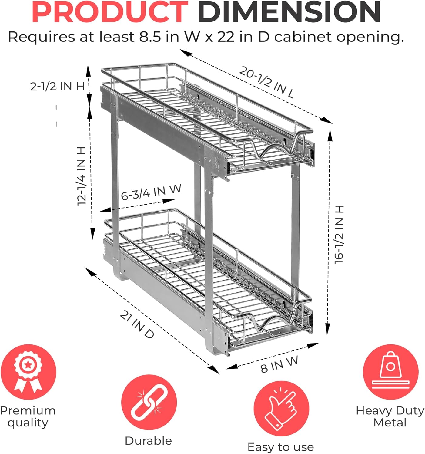 HOLDN’ STORAGE Two Tier Pull Out Cabinet Organizer, Individual Sliding Drawers - Heavy Duty Metal with Lifetime Limited Warranty - Anti Rust Chrome Finish - 8.5" W x 21”D x 16.5" H