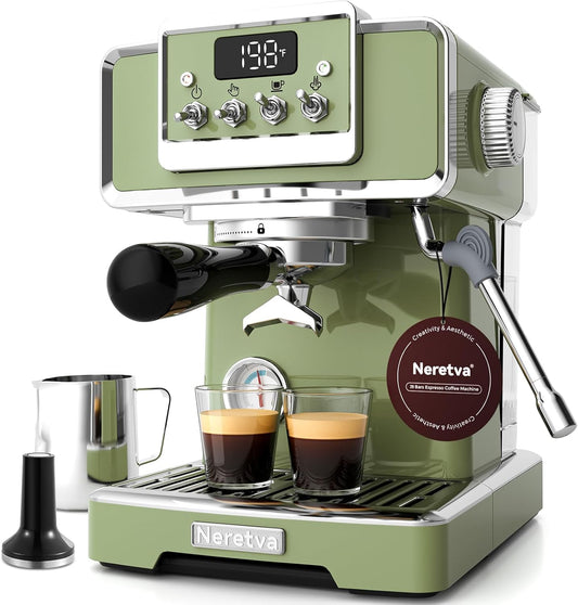 Neretva Espresso Coffee Machine, Professional Espresso Machine with Pressure Gauge 15Bar Retro Espresso Maker with Power Milk Frother Stainless Steel for Home Barista Latte and Cappuccino Maker-Green