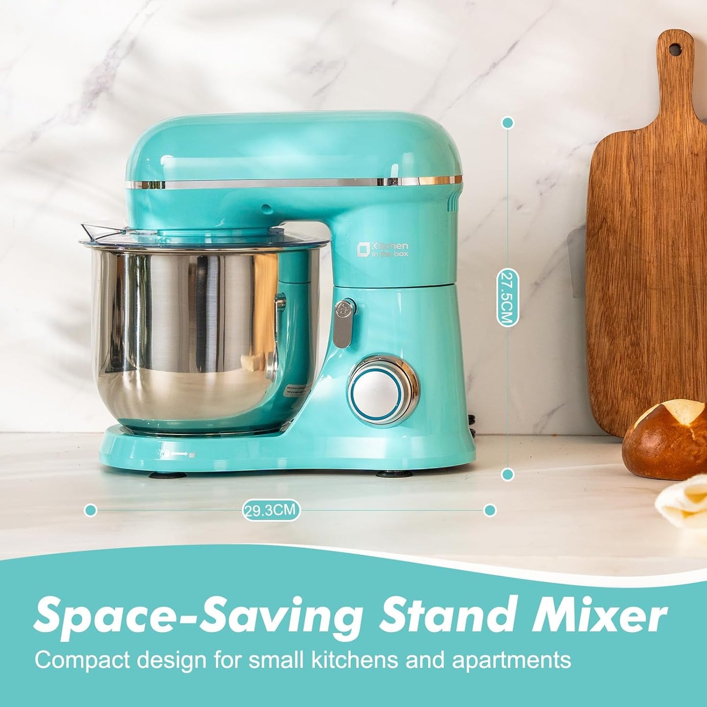 Kitchen in the Box Stand Mixer, 3.5 QT Small Electric Kitchen Mixer, 10-Speed Portable Lightweight Food Mixer with Stainless Steel Bowl, Egg Whisk, Dough Hook, Beater (Sky Blue)