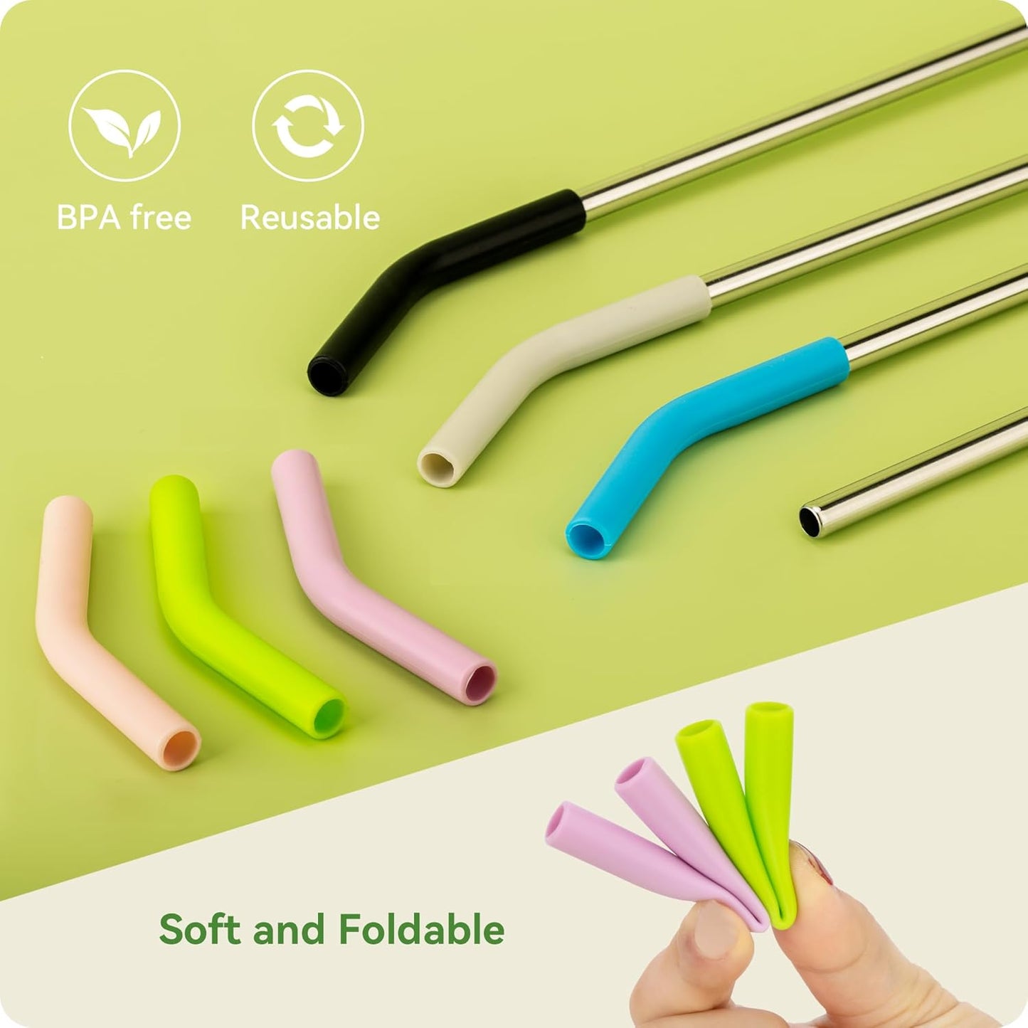 Snowfall Metal Straw for Stanley 30 OZ, 2 Pcs Reusable Long Stainless Steel Drinking Straws with Silicone Tip, 1 Straw Brush, BPA Free (Apple Green)