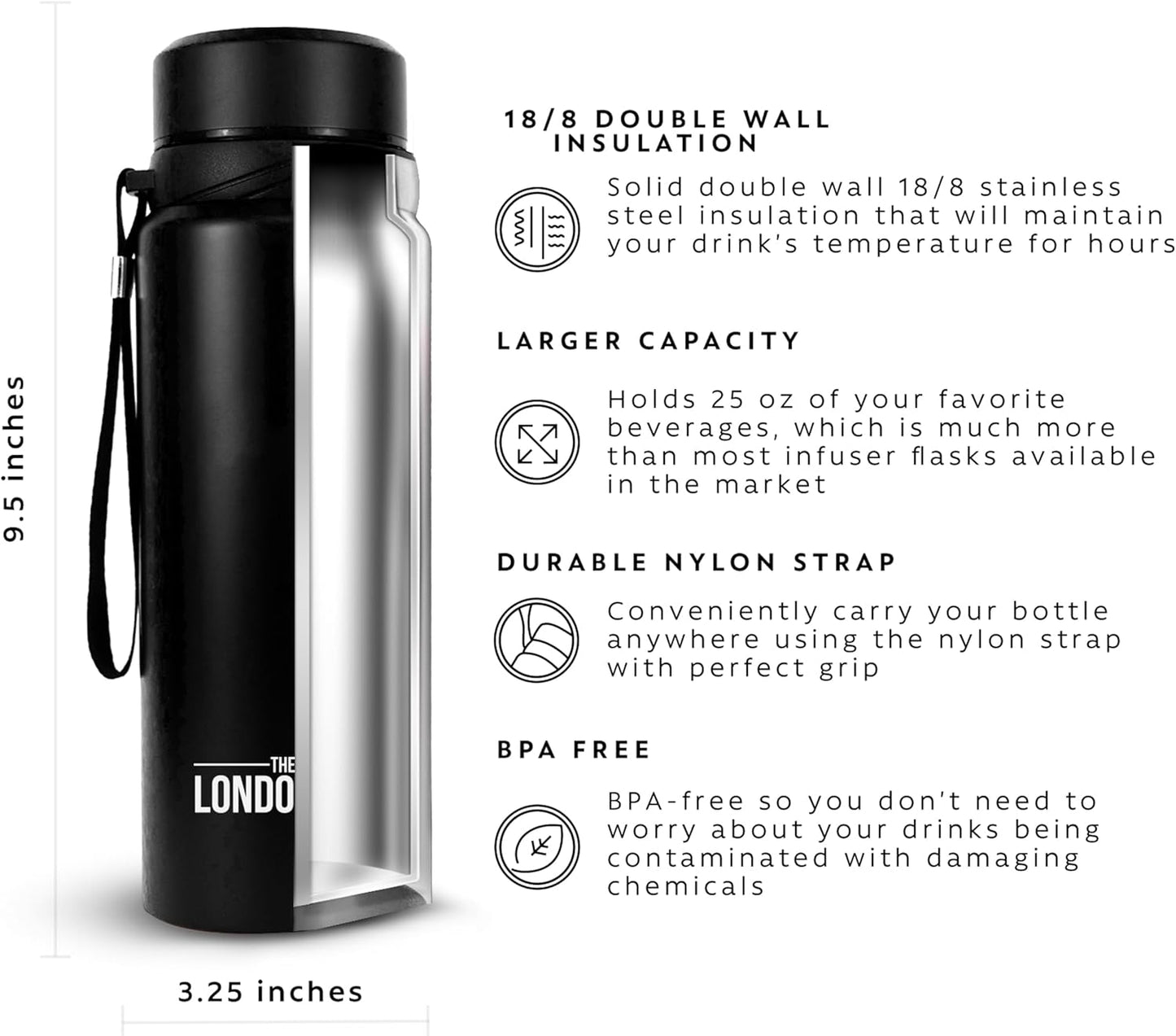 London Sip 25 oz Multi-Function Travel Mug and Tumbler Tea Infuser Water Bottle Fruit Infuser Flask Hot and Cold Double Wall Stainless Steel Coffee Thermos, Zen Black