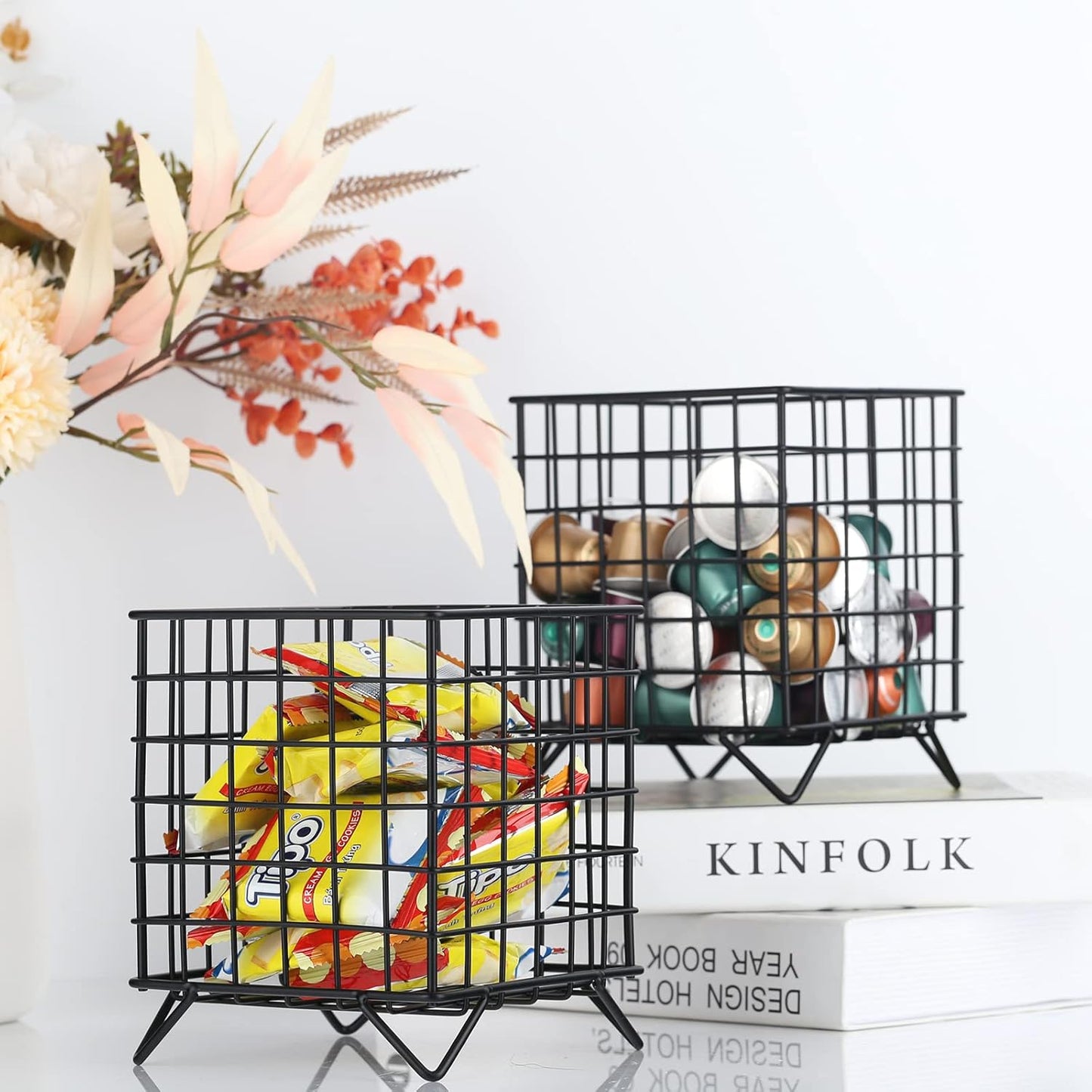 Black Wire Coffee Pod Holder Basket,Large Capacity Metal K Cup Holder Organizer,Storage Basket for Kitchen Countertop Office Coffee Bar Accessories,Creamer and Syrup Organizer