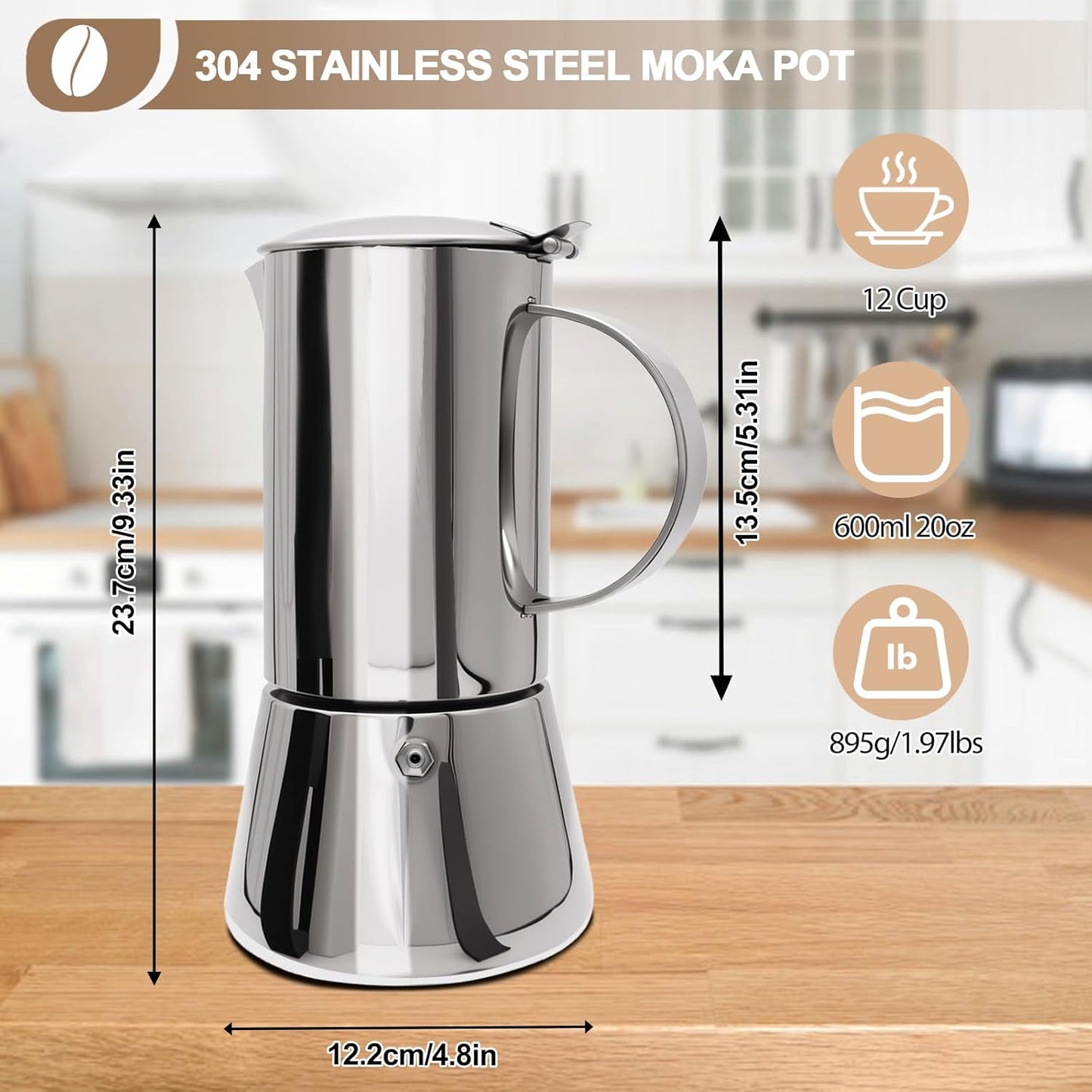 Uncoated 12 Cup Moka Pot 304 Thickened Stainless Steel Coffee Maker Stovetop Espresso Coffeemaker Italian Classic Style Brewing Greca Cafe Mocha Machine for Cafeteras Camping Travel Home 600ml 20oz