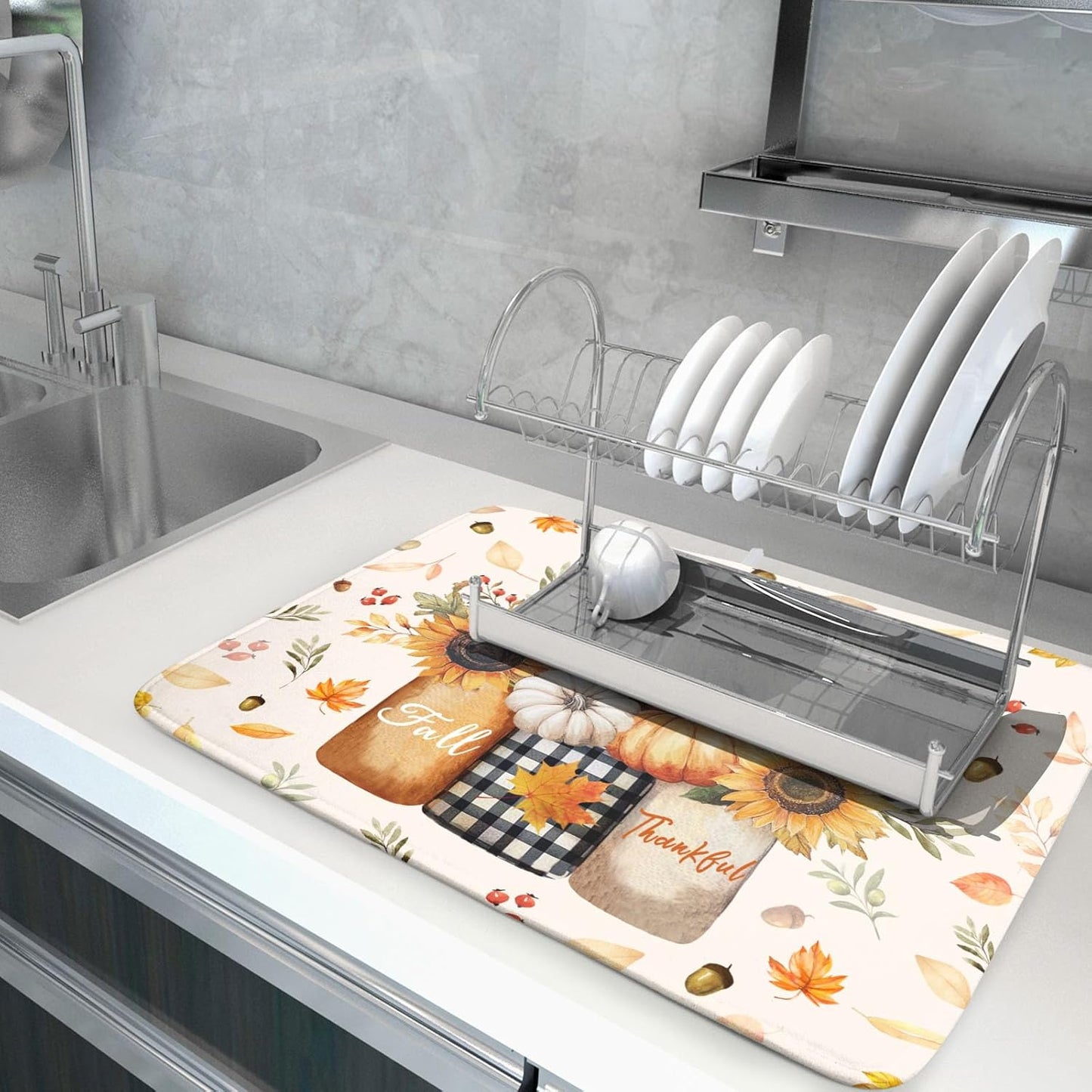 Autumn Sunflowers Vase Dish Drying Mat for Kitchen Counter,Fall Pumpkin Maple Leaves Drying Mat 18 x 24 Inch with High Absorbent Microfiber Dish Drying Drainer Mat for Coffee Bar