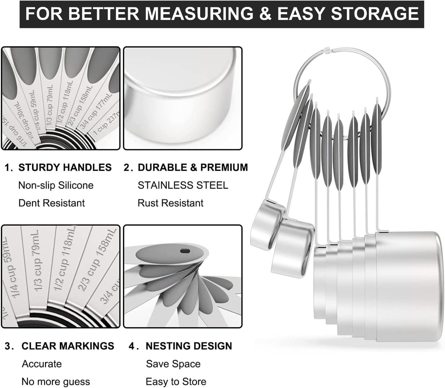 Measuring Cups & Spoons Set of 16, Wildone Stainless Steel Measuring Cups and Measuring Spoons with Gray Silicone Handle, Including 8 Nesting Cups, 8 Spoons, for Dry and Liquid Ingredient