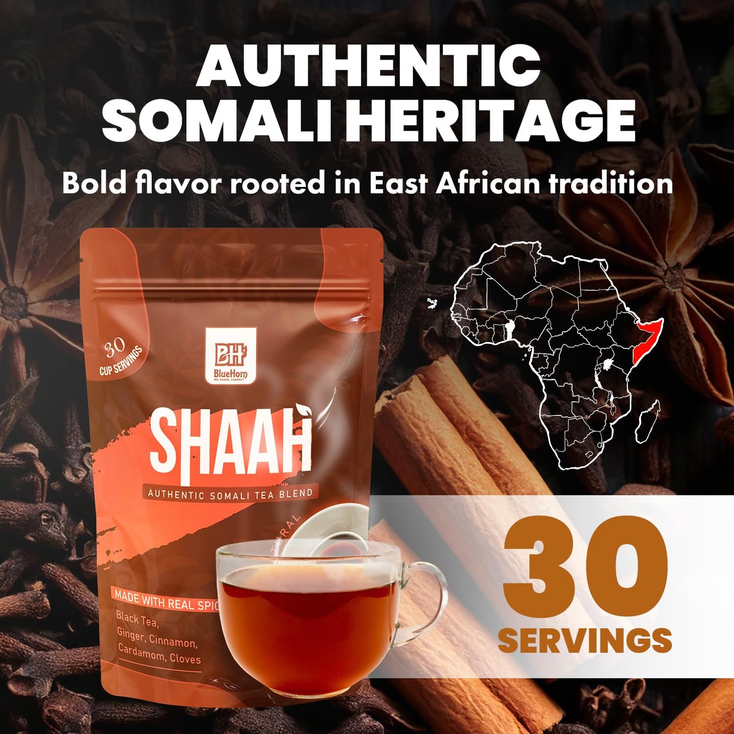 Loose Leaf Chai Black Tea with Ginger, Cardamom & Clove – Spiced African Tea Inspired by Somali Tradition – 4.4oz | Makes 30 Cups | Shaah Organic Tea Blend